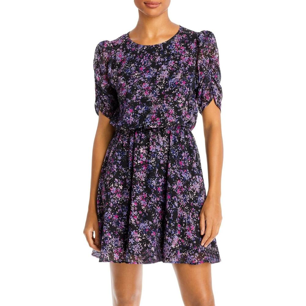 Aqua Blouson Dress Floral Print Short Ruched Sleeve Summer Mini Multi Size L